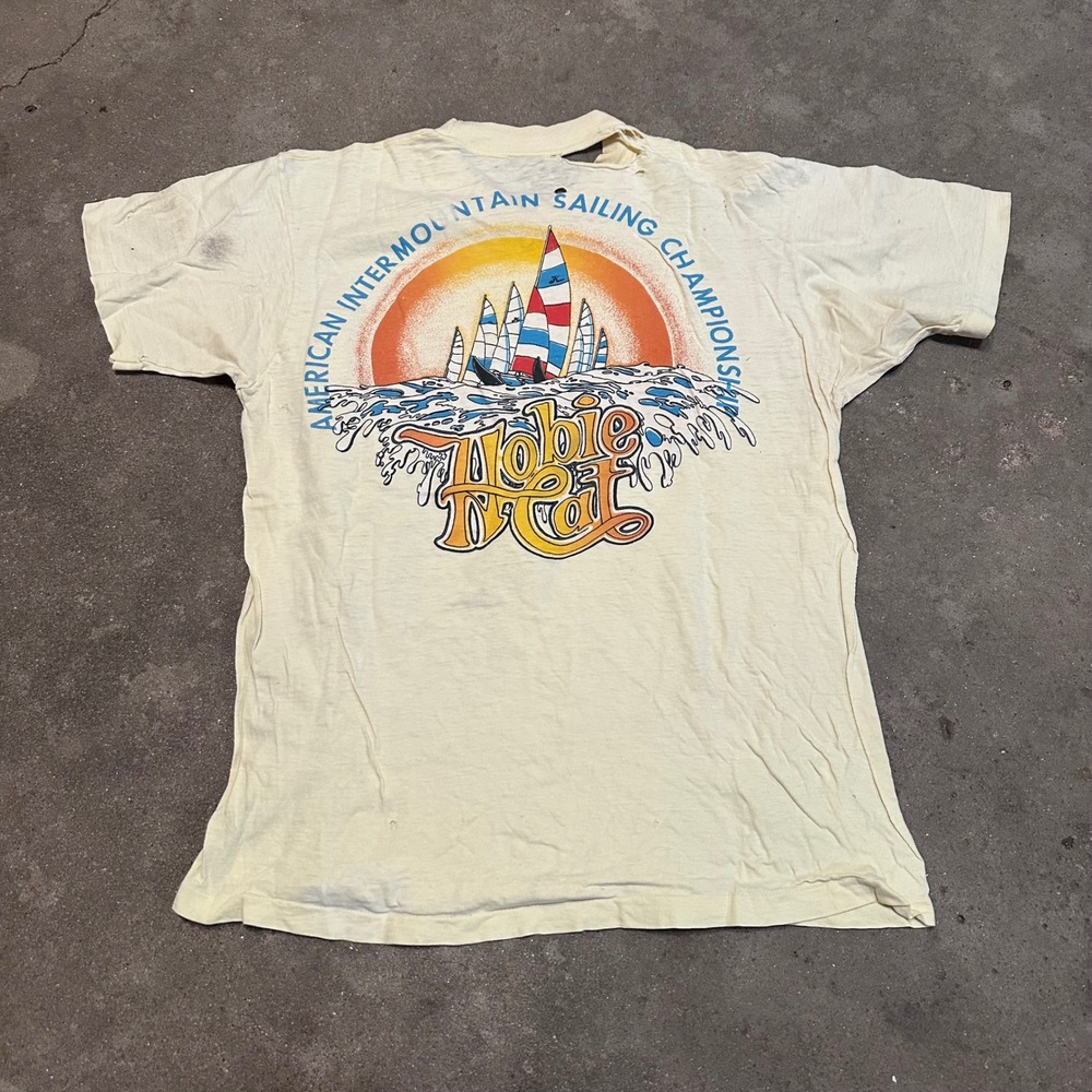 Vintage 70s Hobie Cat TShirt Mens M Cream Sailing Championship Pocket Distressed